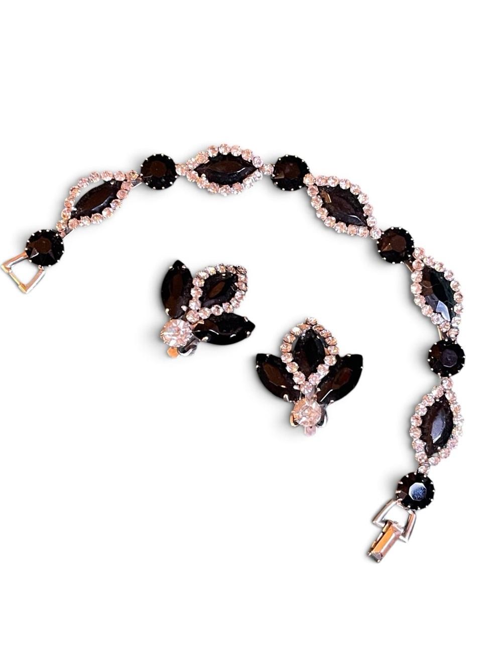 Vintage Weiss Black Diamond Rhinestone Demi-Parure Bracelet & Clip On Earrings